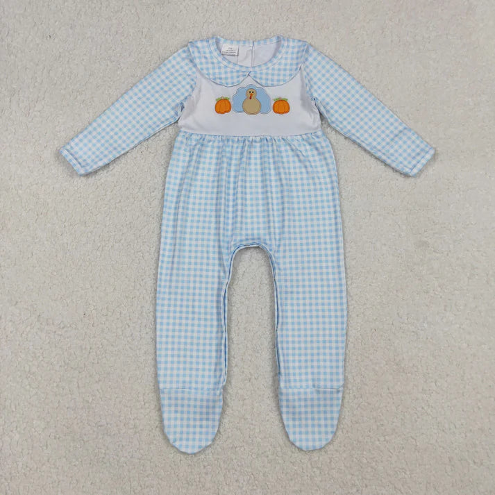9.26 LR2561 Embroidery Baby Girls Light Blue Plaid Pumpkins Turkey Fall Footed Romper
