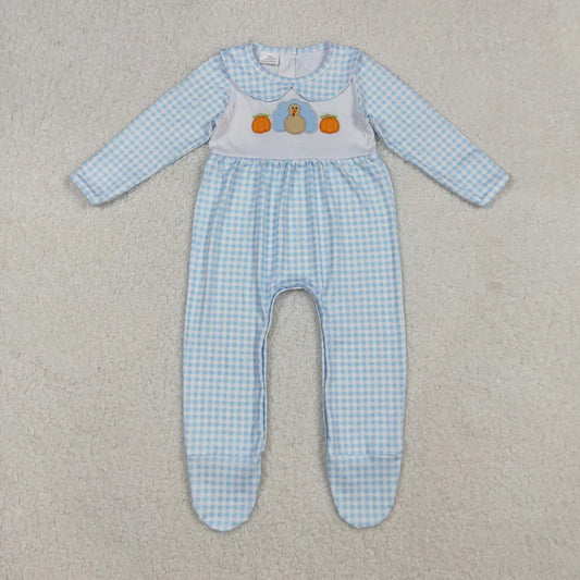9.26 LR2561 Embroidery Baby Girls Light Blue Plaid Pumpkins Turkey Fall Footed Romper