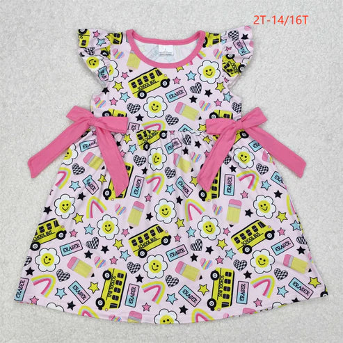 GSD1822 Baby Girls Bus Back To School Bows Knee Length Dress