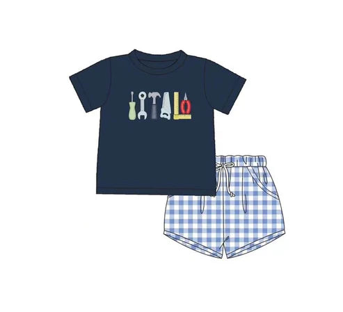 BSSO1394 Baby Boys Tools Tee Shirts Tops Checkered Shorts Clothes Sets preorder