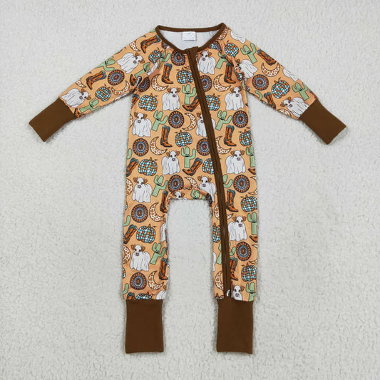 8.21 LR2463 Baby Boys Long Sleeves Cactus Boots Cows Zipper Pant Romper