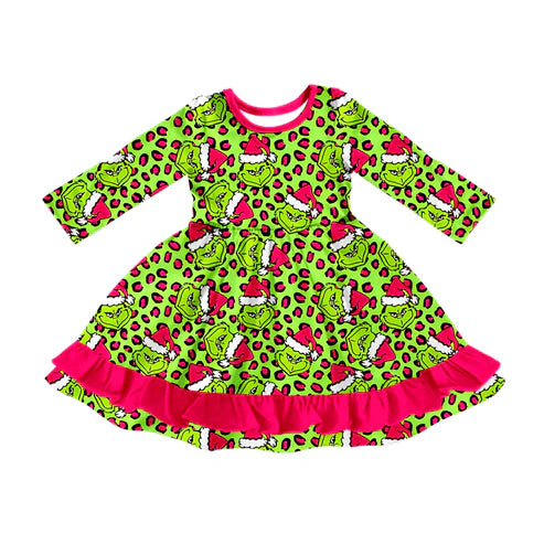 8.8 GLD1253 Baby Girls Christmas Green Face Leopard Ruffle Knee Length Dresses Preorder
