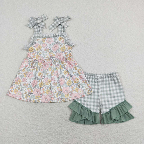 6.16 GSSO0565 Flower pattern green plaid suspender shorts suit