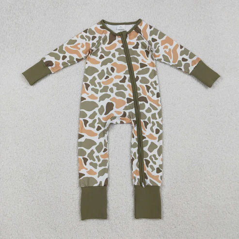 9.24 LR2578 Baby Boys Green Yellow Camo Western Zipper Footie Romper
