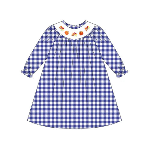 5.20 GLD1041 Baby Girls Long Ruffle Sleeves Blue Plaid Smocked Turkey Pumpkins Knee Length Dresses Preorder