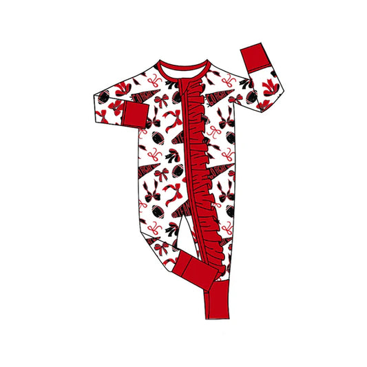8.2LR2512 Baby Girls Red Bows Footballs Plaid Ruffle Zipper Team Rompers Preorder