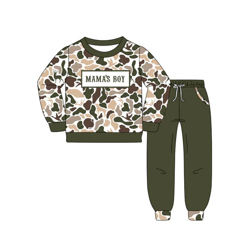 10.23 BLP1338 Baby Boys Deer Ducks Camo Mama's Boy Top Pockets Jogger Pants Clothes Sets Preorder