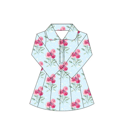 6.5 LD1105 Baby Girls Long Sleeves Pink Flowers Zipper Knee Length Dresses Preorder