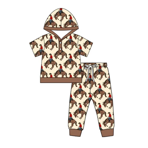 5.10 BSPO0569 Baby Boys Brown Button Horse Rodeos Hoodies Top Pants Western Set Preorder