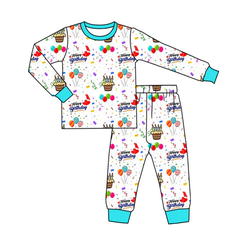 5.21 BLP1067 Baby Boys Light Blue Long Sleeves Happy Birthday Top Pant Pajamas Set Preorde