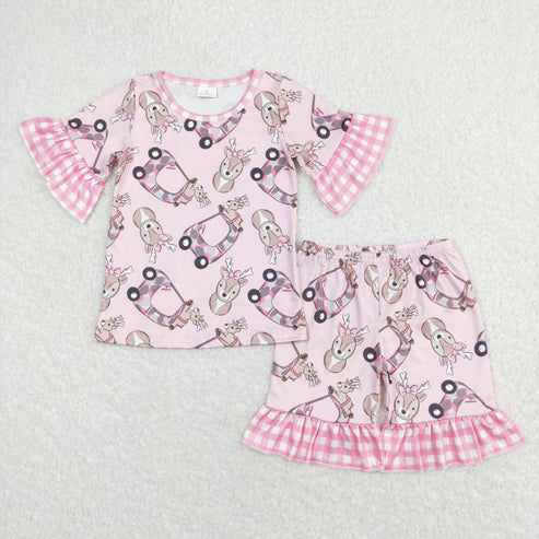 6.17 GSSO0401 deer camouflage car pink and white plaid lace pink short-sleeved shorts suit