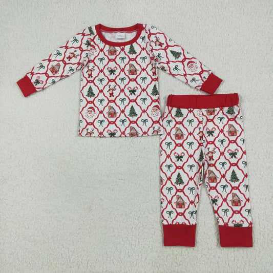 8.16 GLP2391 Baby Girls Long Sleeves Bows Gingerbread Plaid Top Pant Pajamas Set