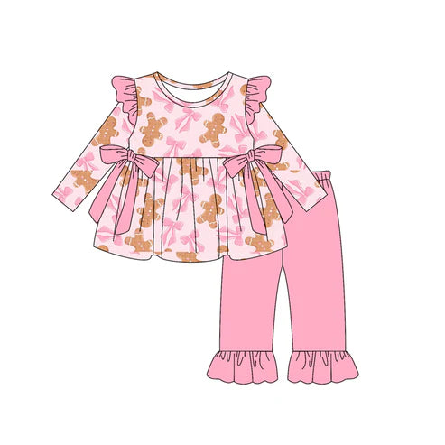 5.21 GLP2338 Baby Girls Long Sleeves Gingerbread Bows Tunic Ruffle Pant Set Preorder