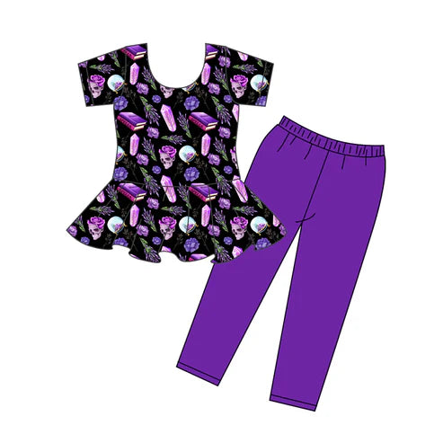8.8 Custom Moq 5 Baby Girls Halloween Flowers Ghost tunic Purple legging outfits sets
