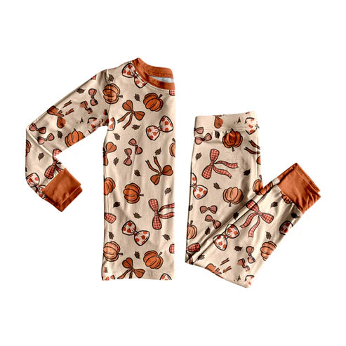 8.6 GLP2675 Baby Girls Bows Pumpkins Top Pant Fall Pajamas Set Preorder