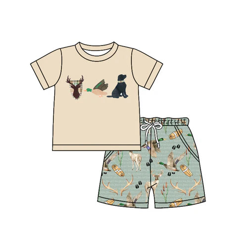 BSSO1148 Baby Boys Hunting Deer Duck Dog Tops Shorts Clothes Sets Preorder