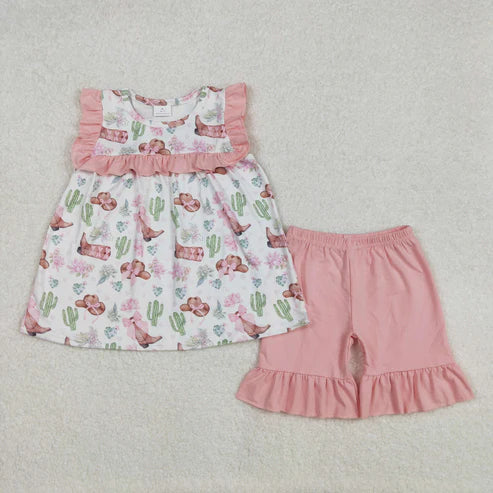 L-3.8 GSSO2066 Baby Girls Western Boots Castus Flowers Tunic Ruffle Shorts Set
