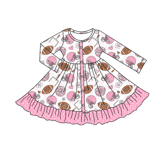 8.23  GLD1272 Baby Girls Pink Flowers Baseballs Button Ruffle Knee Length Dresses Preorder