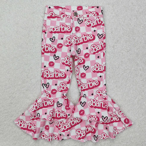 L-3.7 P0294 Baby Girls Pink Doll Valentines Checkered Hearts Denim Bell Flare Pants