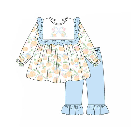 6.12 GLP2398 Baby Girls Long Sleeves Pumpkins Bows Plaid Tunic Light Blue Ruffle Pant Set Preorder
