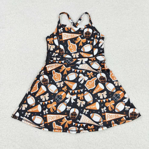 8.25 GSD2777 Baby Girls Strap Bows Footballs Plaid Shorts Team Yoga Active Knee Length Dress