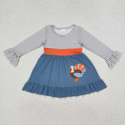 GLD0731 Baby Girls Thanksgiving Embroidery Turkey Knee Length Dress