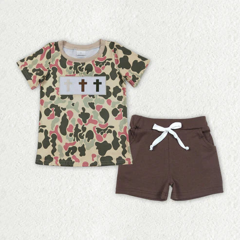 12.19 BT1395+SS0134 Embroidery Crosses Baby Boys Camo Top Pockets Shorts Easter Clothes Set