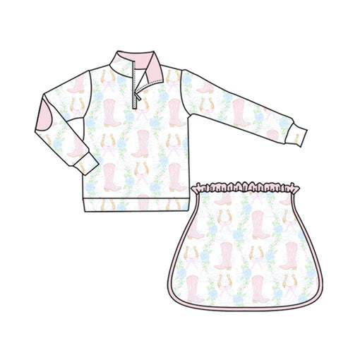 6.5 GLD1098 Baby Girls Long Sleeves Pink Boots Flowers Zipper Top Skorts Yoga Set Preorder