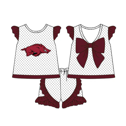 6.21 Custom Moq 3 Baby Girls Flutter Sleeves Polka Dots Bull Top Ruffle Shorts Team Set