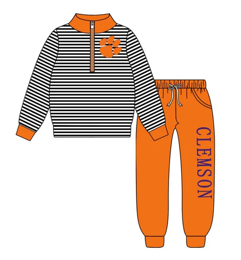 9.4 Custom Moq 5 Baby Boys Clemson Team Orange Zipper Pullovers Top Clothes Set