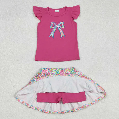 GSD1688 Baby Girls Pink Bow Shirts Shorts Skirt Clothes Set