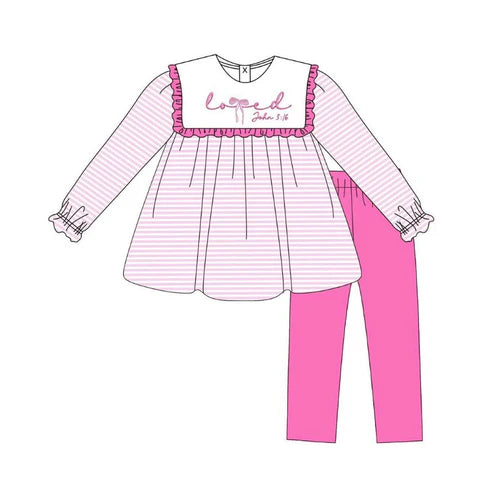 9.30 GLP2916 Baby Girls Pink Stripe Love John 3:16 Tunic Leggings Valentine Clothes Sets Preorder