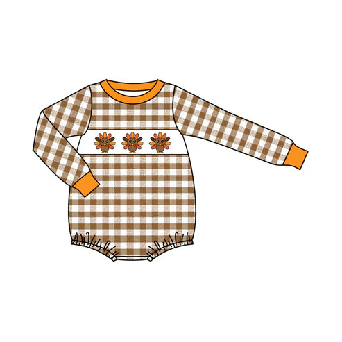 7.29 LR2456 Baby Boys Orange Plaid Long Sleeves Turkey Rompers Preorder