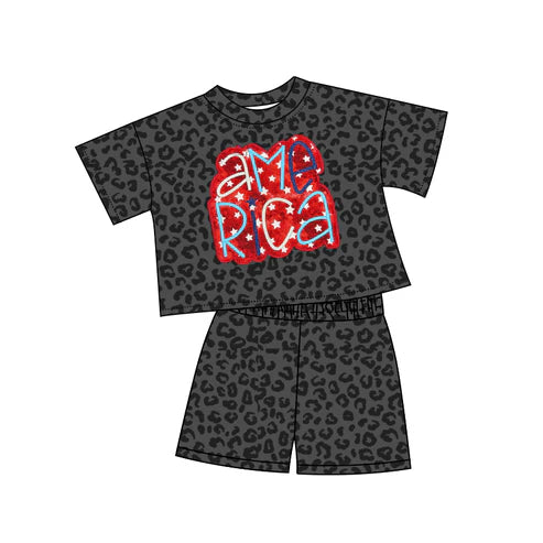 4.22  GSSO2576 Baby Girls Black Leopard American Stars Top Short 4th Of July Pajamas Set Preorder