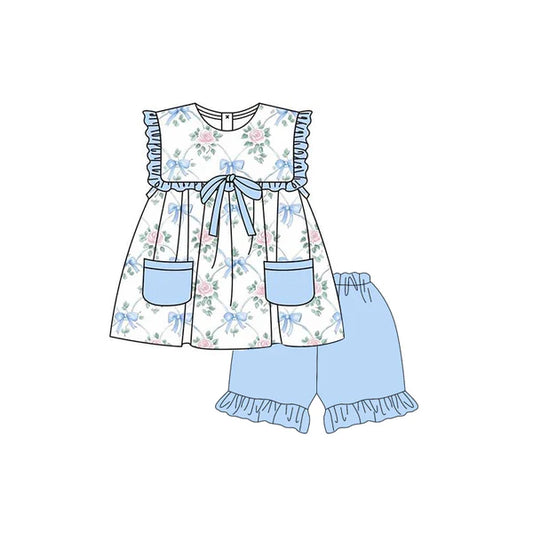 3.27 GSSO2401 Baby Girls Blue Sleeveless Bows Floral Pockets Tunic Ruffle Short Set Preorder