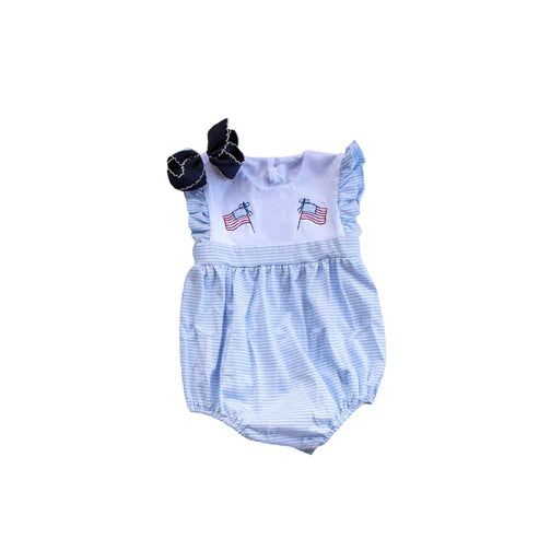 4.11 SR3035 Baby Girls Blue Flutter Sleeves Flags 4th Of July Ruffle Rompers Preorder