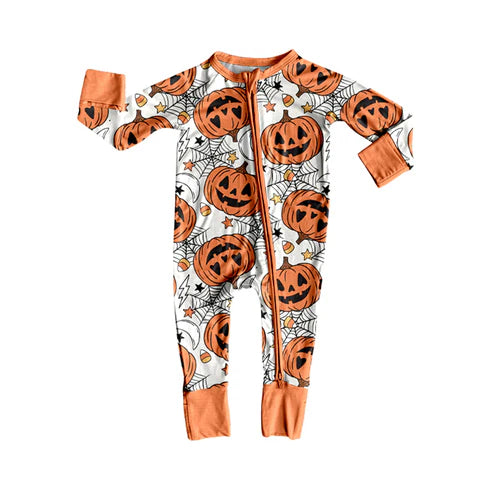8.6 LR2528 Baby Boys Spider Web Pumpkins Halloween Zipper Footie Rompers Preorder