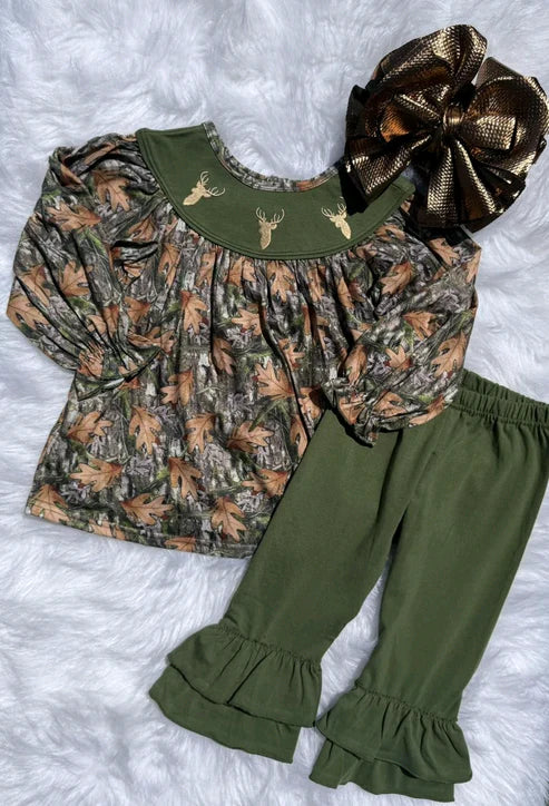 9.29 GLP2908 Baby Girls Green Leaves Camo Deer Tunic Ruffle Pants Western Clothes Preorder