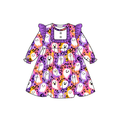 8.4 GLD1265 Baby Girls Purple Leopard Ghost Button Halloween Knee Length Dresses Preorder