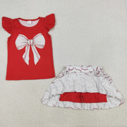 GSD1722 Baby Girls Red Bow Shirt Baseball Skirts Clothes Set