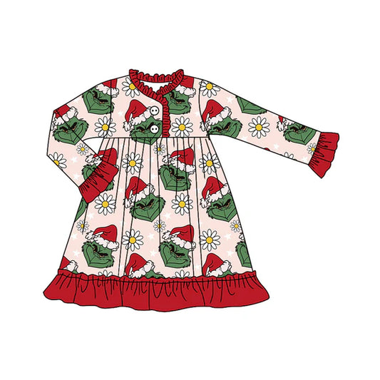 7.25 GLD1230 Baby Girls Button Christmas Hats Green Face Flowers Ruffle Knee Length Dress Preorder