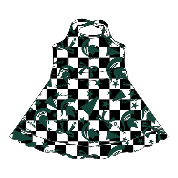 7.7 Custom Moq 3 Baby Girls Strap MSU Bows Plaid Short Ruffle Team Knee Length Dresses