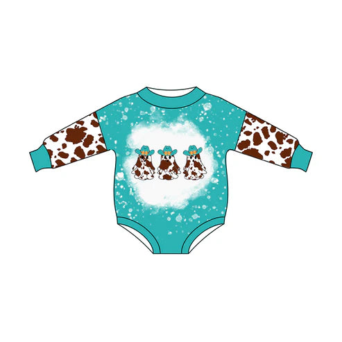5.10 LR2191 Baby Infant Girls Blue Long Sleeves Cow Print Hats Ghosts Rompers Preorder