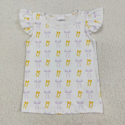 9.3 GT1147 Baby Girls Flutter Sleeves Yellow Purple Bows Plaid Tee Shirts Top