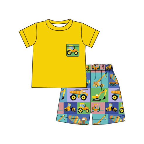 10.21 BSSO1557 Baby Boys Yellow Excavators Trucks Checked Pockets Top Shorts Clothes Sets