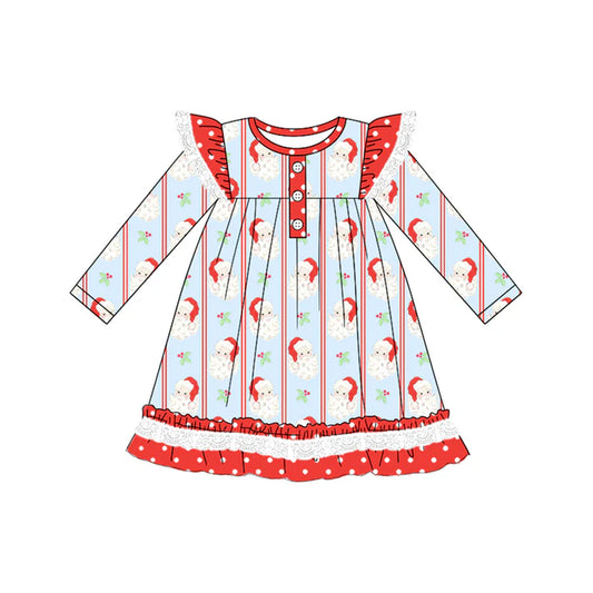 6.16 GLD1066 Baby Girls Long Sleeves Santa Stripe Button Ruffle Knee Length Dresses Preorder