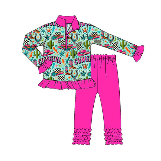 8.27  GLP2744 Baby Girls Hats Cactus Zipper Pullovers Ruffle Legging Pants Western Set Preorder