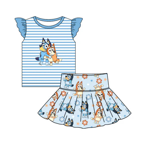 6.21 Custom Moq 3 Baby Girls Blue Dog Top Cartoon Skorts Clothes Sets