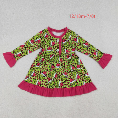 10.17 GLD1254 Baby Girls Green Leopard Grin Christmas Button Ruffle Knee Length Dress