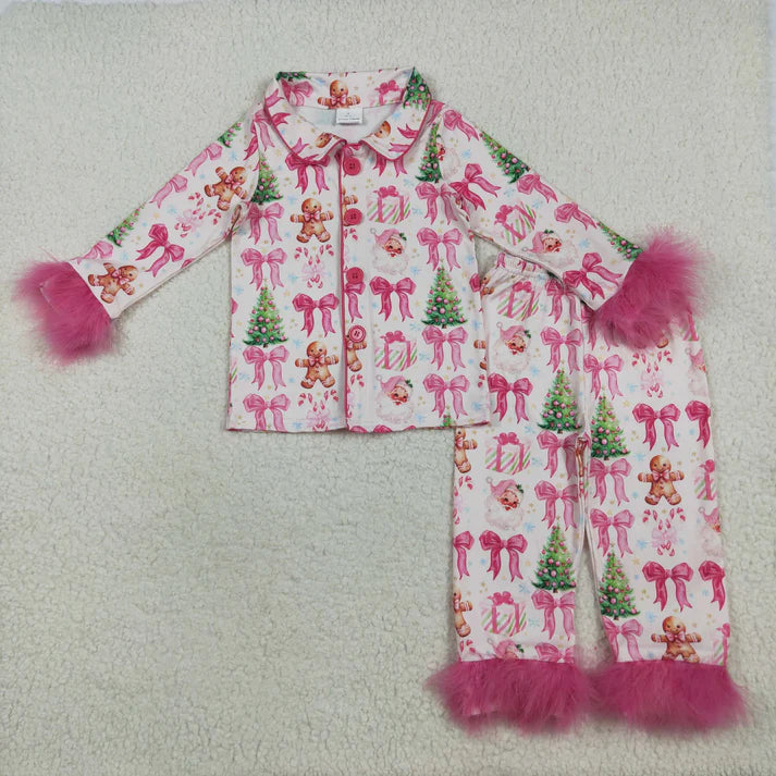 8.15 GLP2375 Baby Girls Hot Pink Long Sleeves With Fur Bows Gingerbread Trees Button Top Pants Pajamas Set
